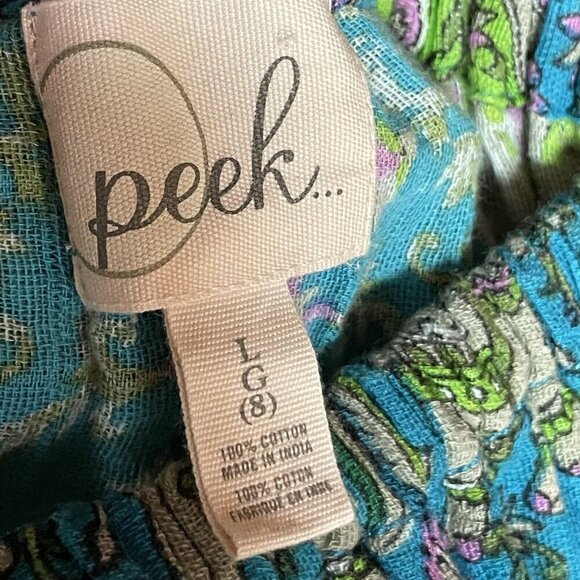 PEEK Girls Peasant Top Sz Large 8 Teal Blue Pink Boho Paisley Floral Elephant - Picture 7 of 7